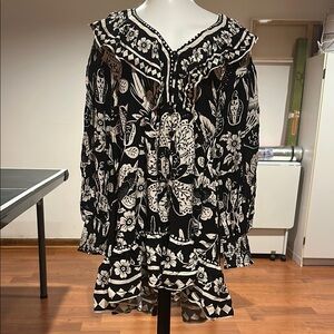 FARM Rio Black and White Long Sleeve Sundress